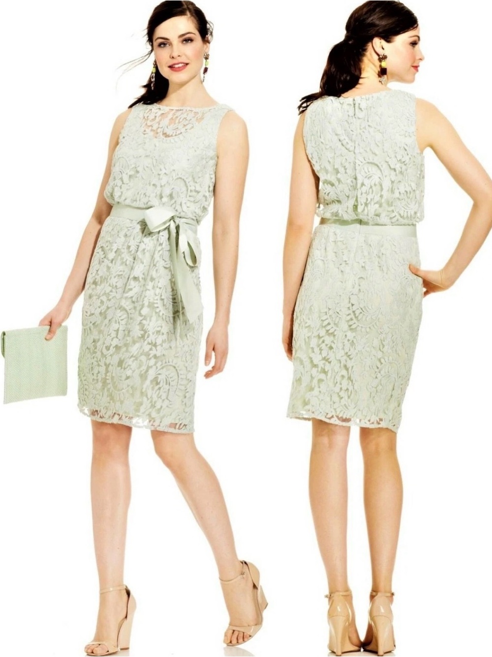 ADRIANNA PAPELL MINT Green BLOUSON Sleeveless Illusion-lace Belted Dress size 14